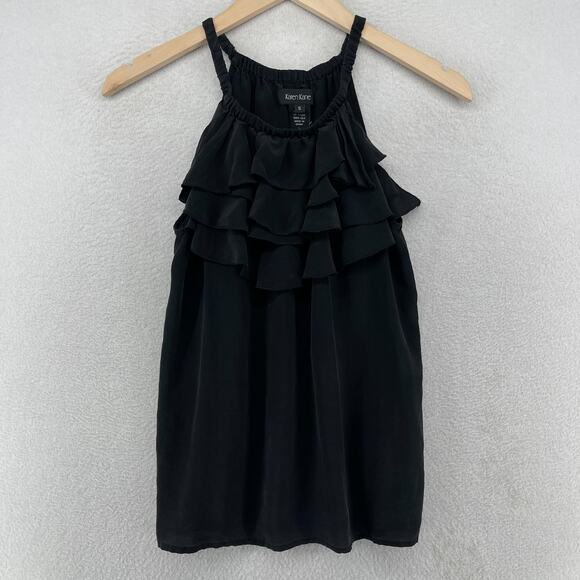 KAREN KANE Tank Top S Silk Crepe de Chine Tiered Ruffle Halter Blouse Black - Picture 1 of 12